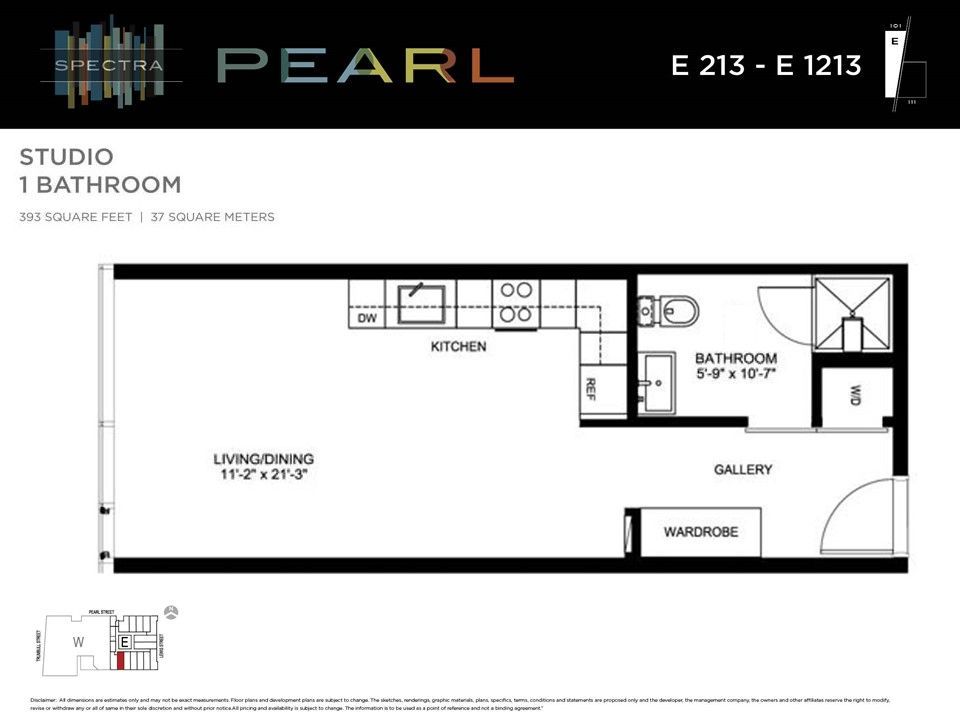 Floor plan for a studio apartment with a living/dining area, kitchen, bathroom, gallery, and wardrobe. The unit is 263 sq ft/25 sq meters.