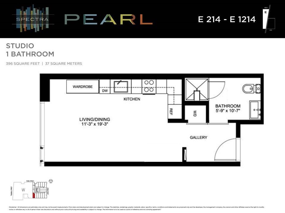 Floor plan for a studio apartment in the Pearl building. It features a living/dining area, kitchen, bathroom, and a gallery.