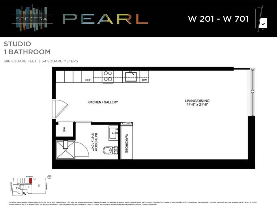 Floor plan of a studio apartment, with a kitchen, bathroom, and living area labeled. The layout is rectangular.