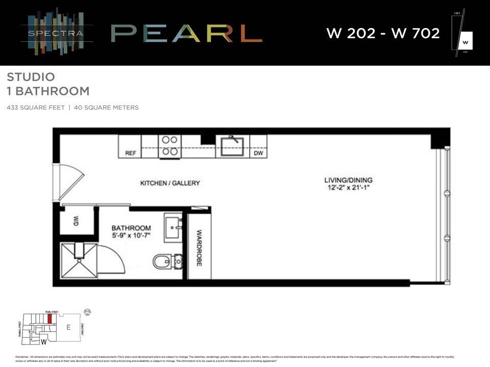 Floor plan for a studio apartment with a bathroom, kitchen/gallery, and living room, labeled with dimensions.