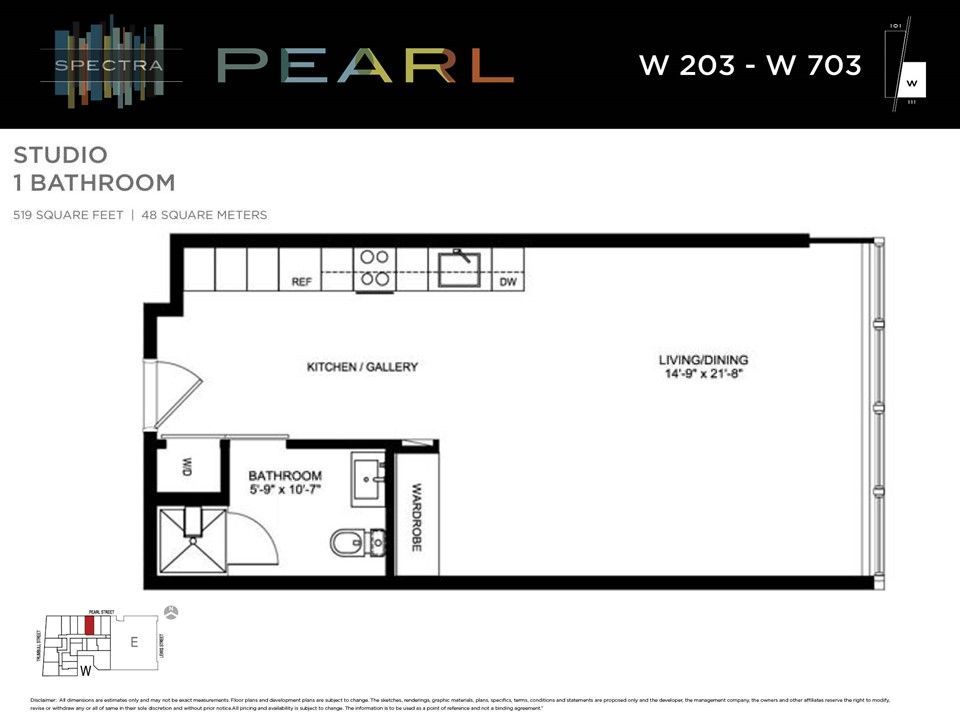 Floor plan of a studio apartment with one bathroom, labeled 