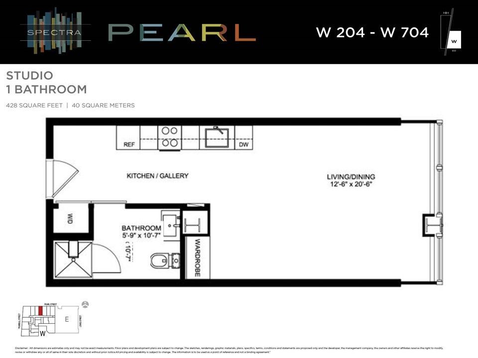 Floor plan of a studio apartment in a building called Pearl. It has a kitchen, living/dining area, bathroom, and closet.