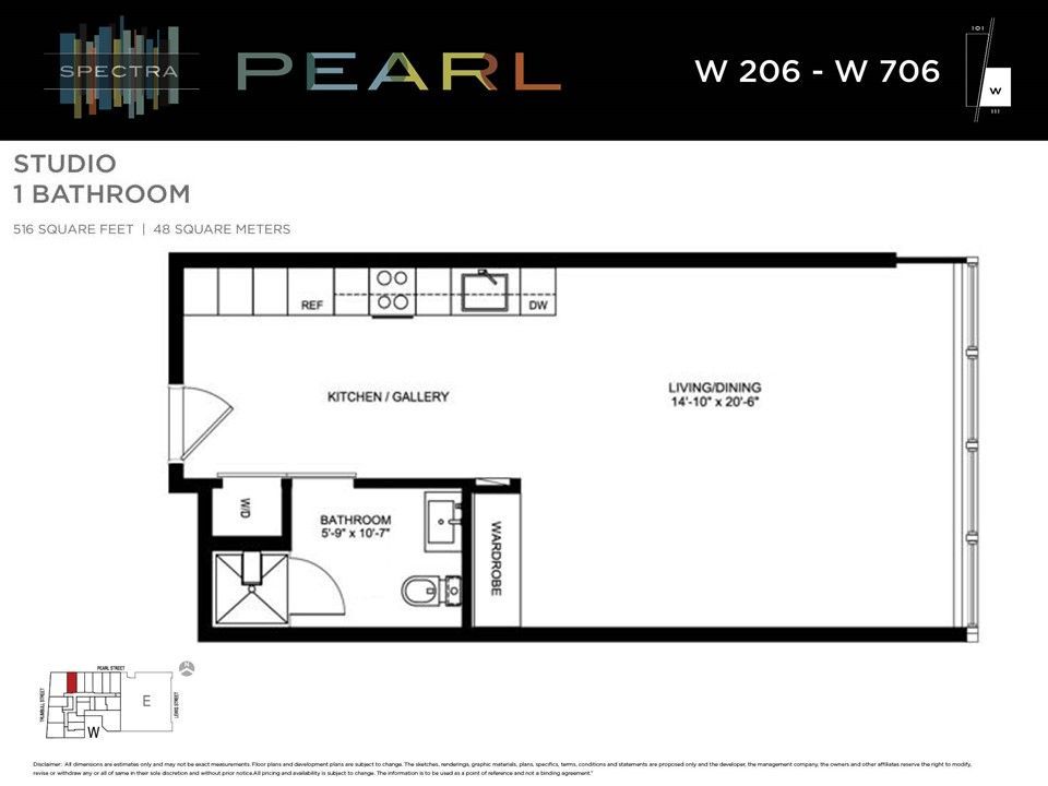 Floor plan for a studio apartment at the Pearl building, featuring a kitchen, living space, bathroom, and closet.