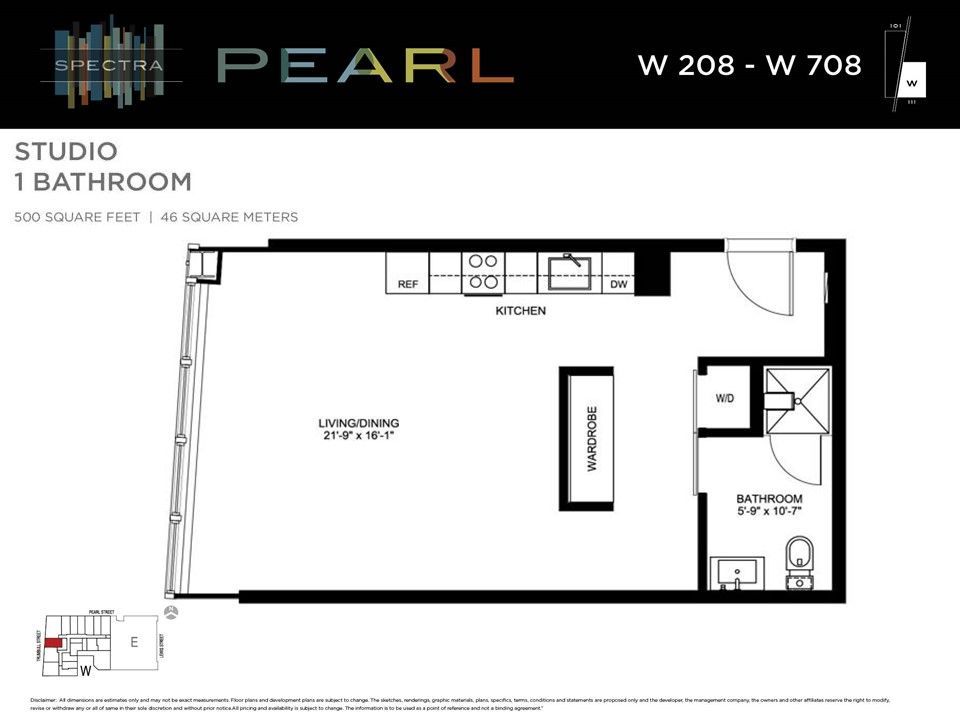 Floor plan for a studio apartment in the Pearl building. Features a kitchen, living space, bathroom, and small storage area.