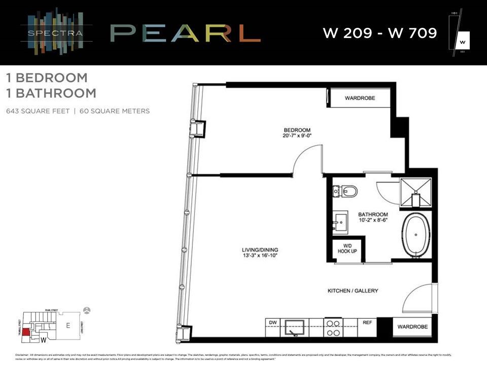 A floor plan of a 1 bedroom apartment with a bathroom.