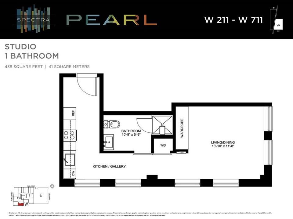 Floor plan for a studio apartment with a kitchen, bathroom, and living/sleeping area. The apartment is located in the 