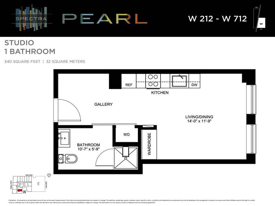 Floor plan of a studio apartment with one bathroom, including a kitchen, living area, and bathroom layout; labeled as 