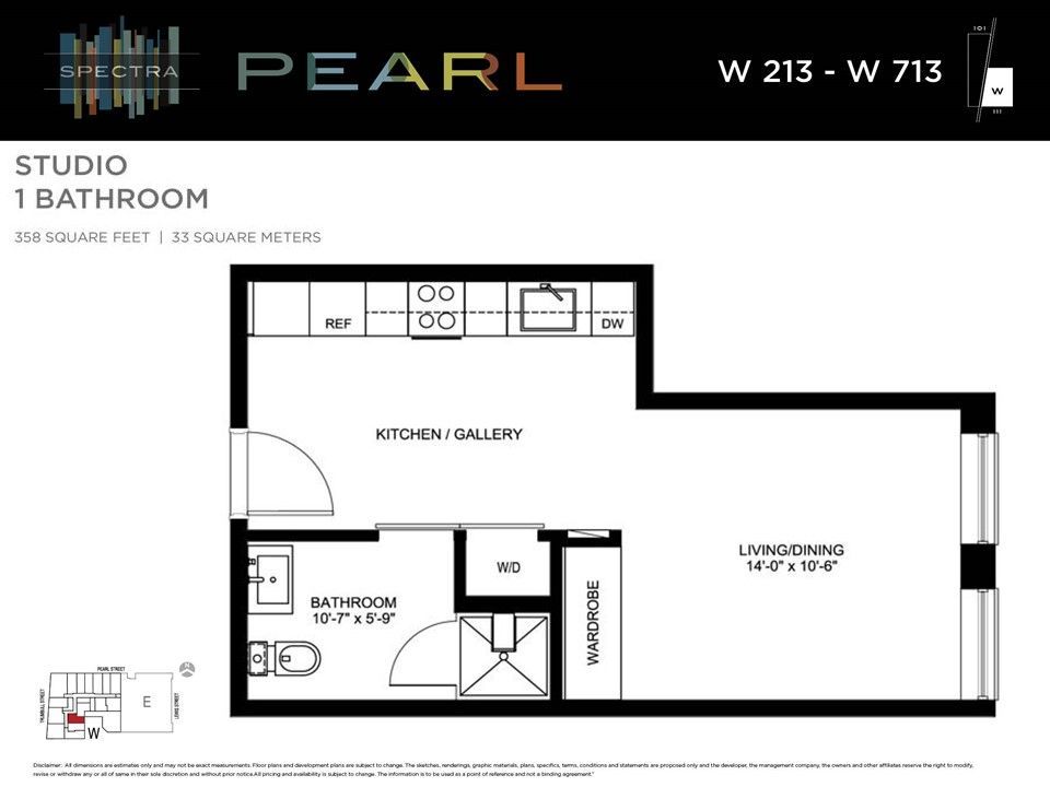 Floor plan of a studio apartment with a bathroom, kitchen/gallery, living/dining area, and wardrobe.