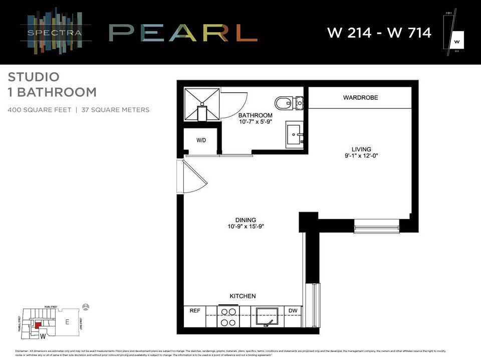 Floor plan of a studio apartment labeled 