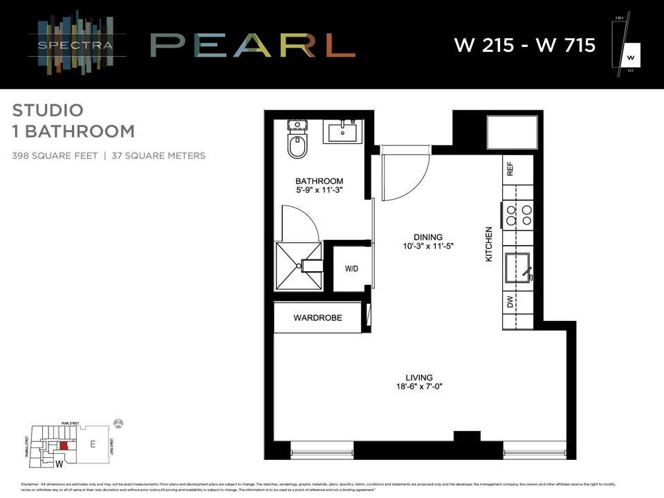 Floor plan of a studio apartment labeled 