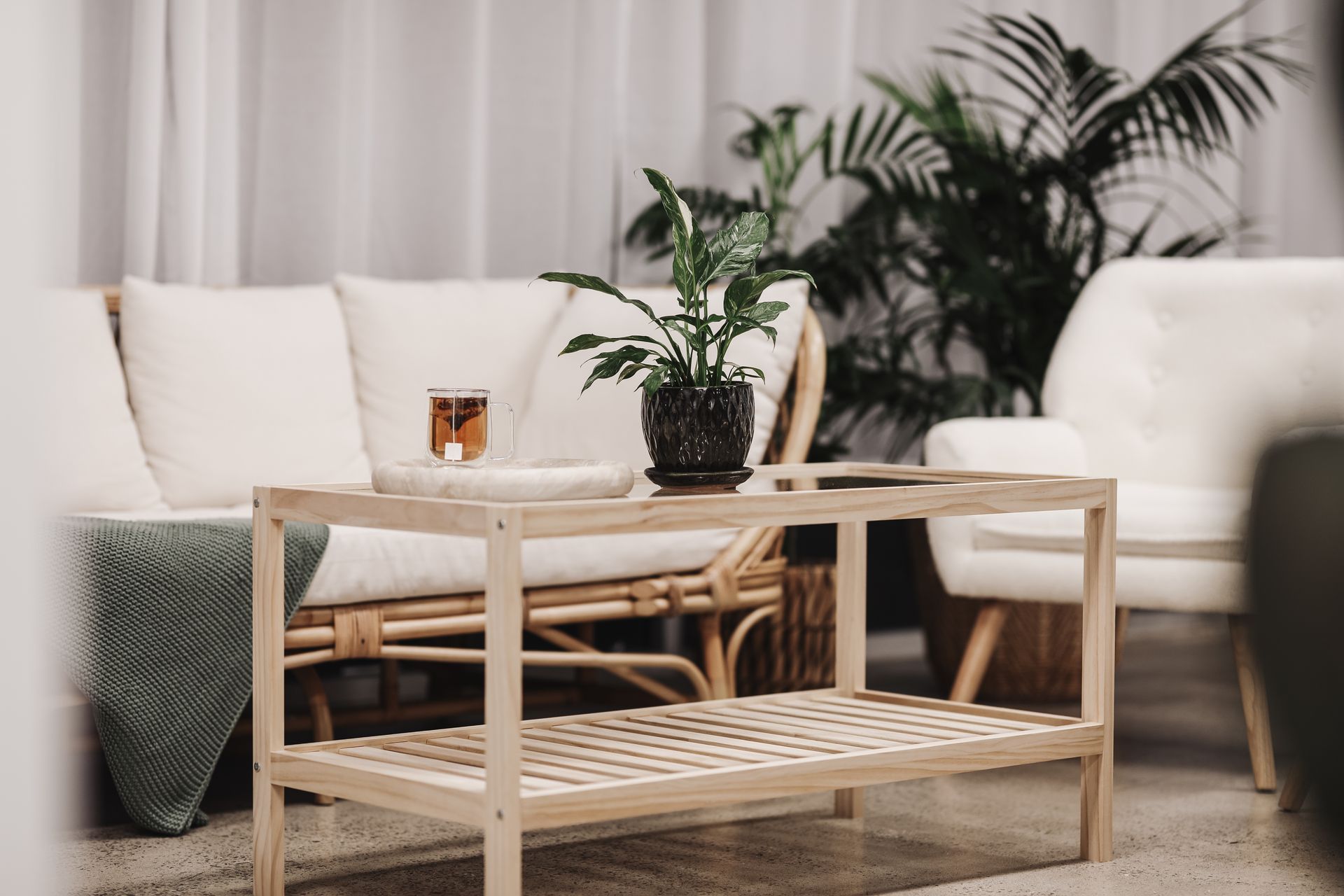 Light Coloured Table With Plant And Glass Of Tea — Bersantai Medispa in Toukley, NSW