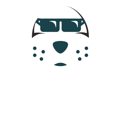 Dog face wearing sunglasses. White background. Teal nose, spots, and sunglasses.