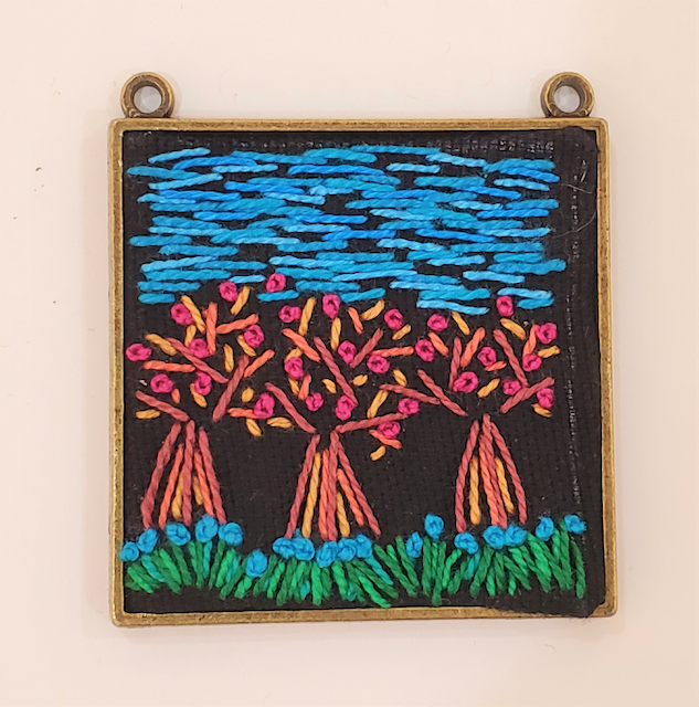 A painting of trees and flowers on a black background