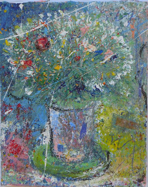 A painting of flowers in a vase on a table