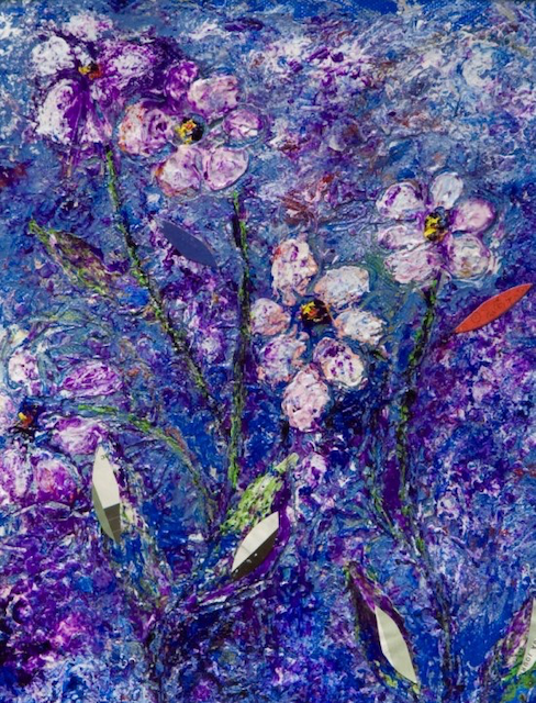 A painting of purple flowers on a blue background