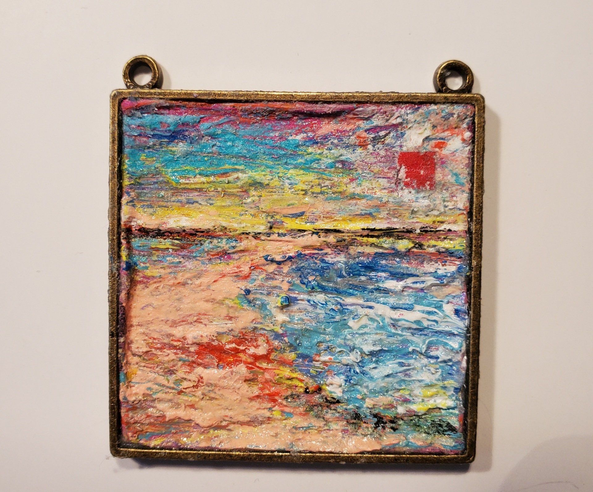 A painting of a beach with a boat in the distance