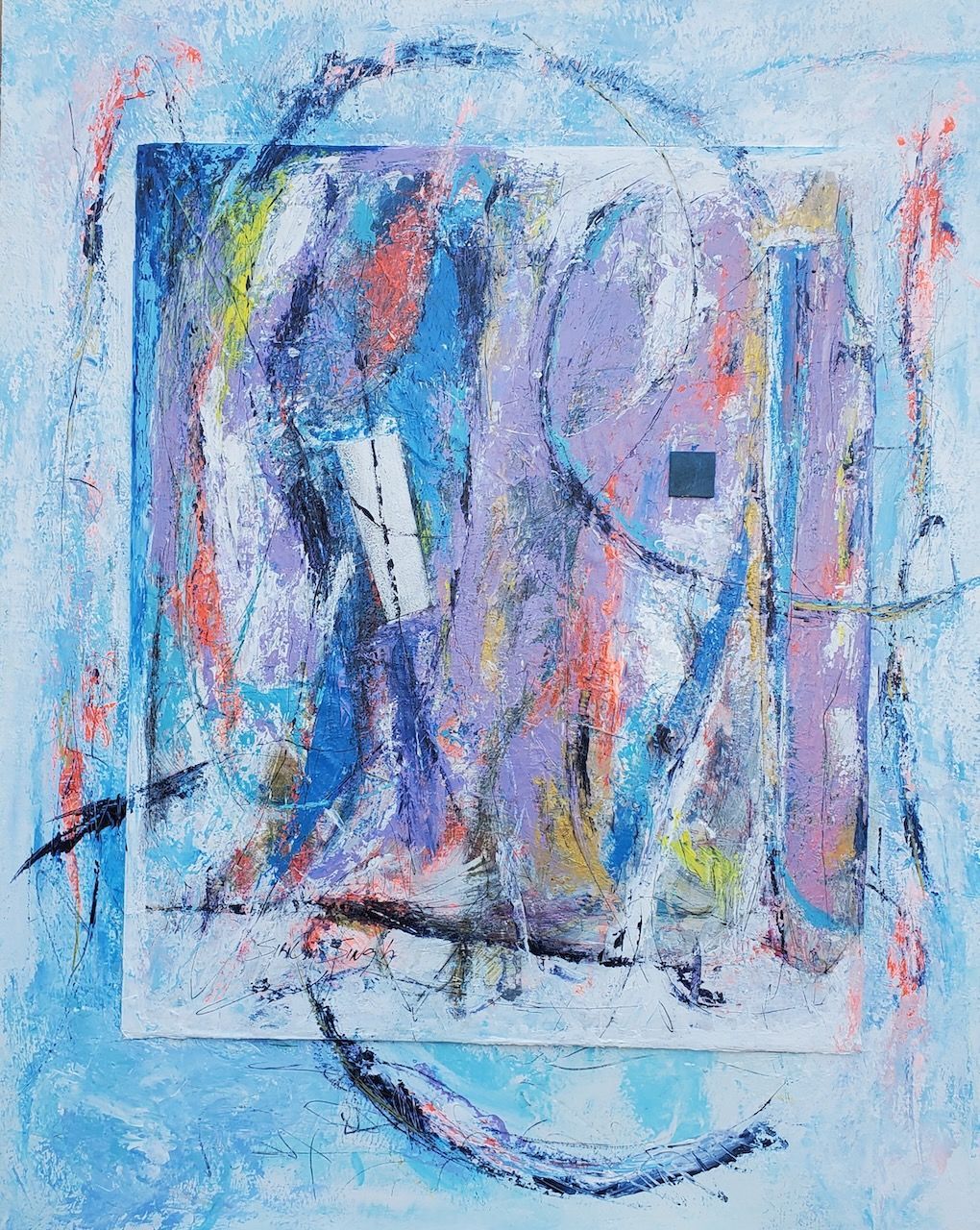 A colorful painting on a blue background with a square in the middle.