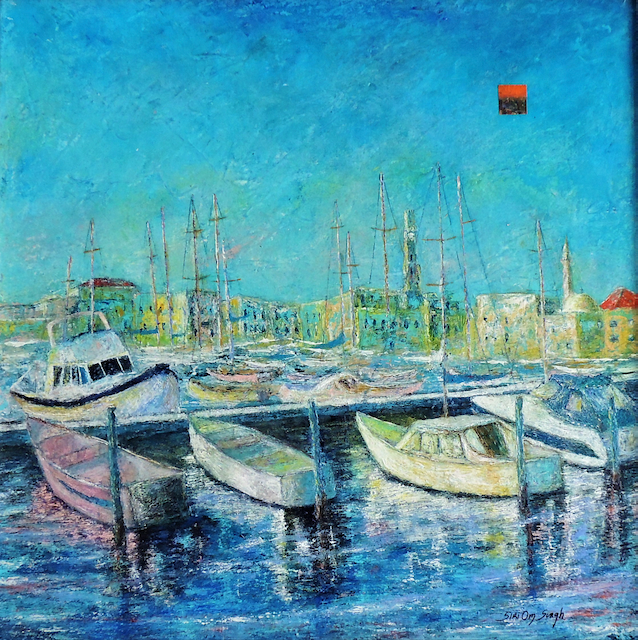 A painting of boats docked in a harbor with a city in the background.