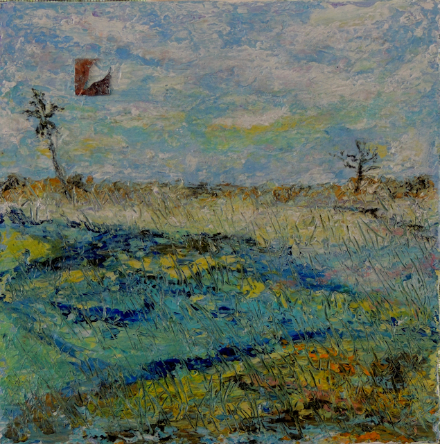It is a painting of a field with a kite in the sky.