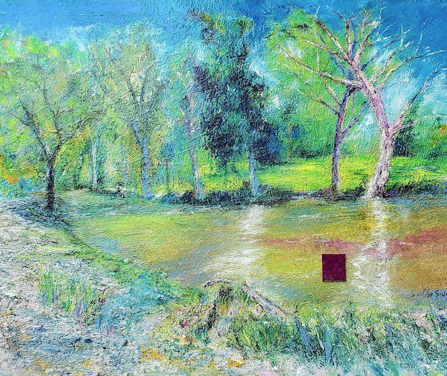 A painting of a swamp with trees and a red square in the middle