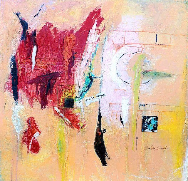 A colorful abstract painting with a yellow background