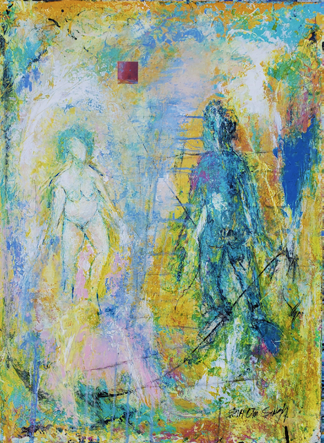A colorful painting of two people standing next to each other.