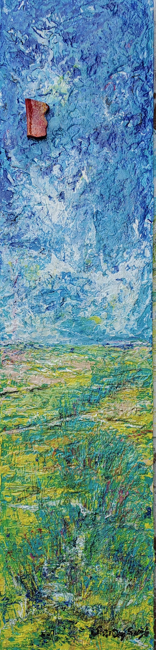 A close up of a painting of a boat in the ocean.