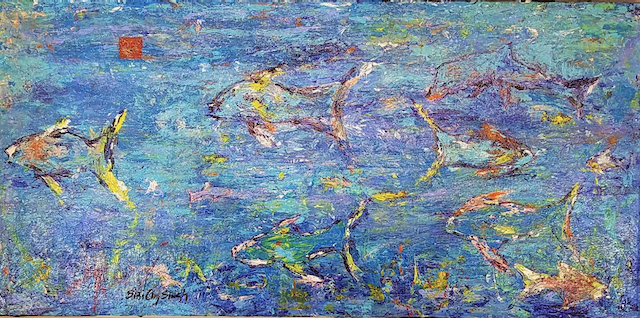 A painting of a group of fish swimming in the ocean.