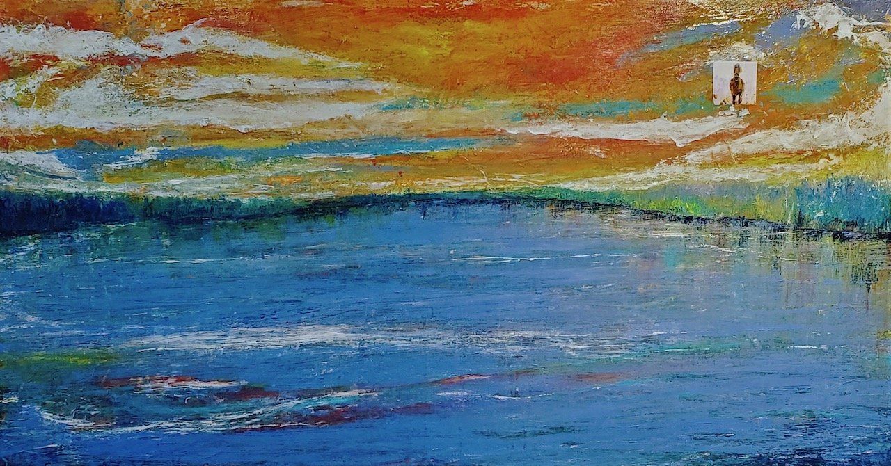 A painting of a person standing in the middle of a lake.