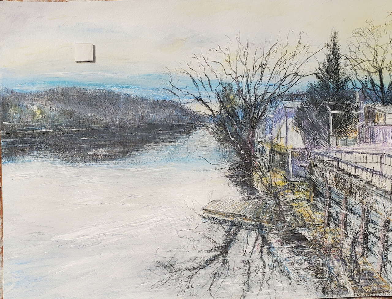 A painting of a river with trees on the shore