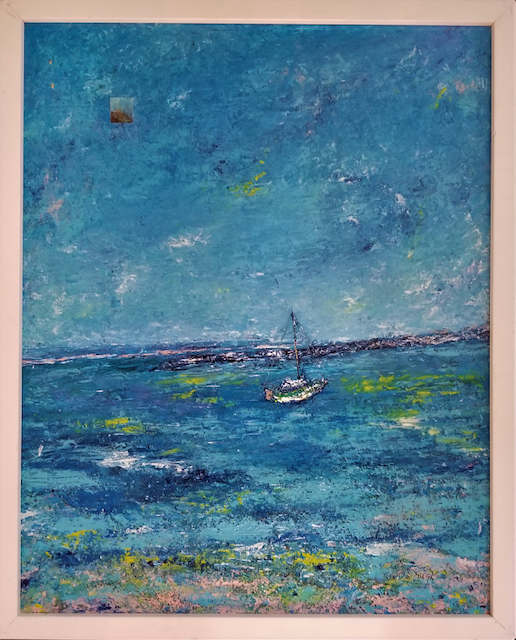 It is a painting of a boat in the ocean.