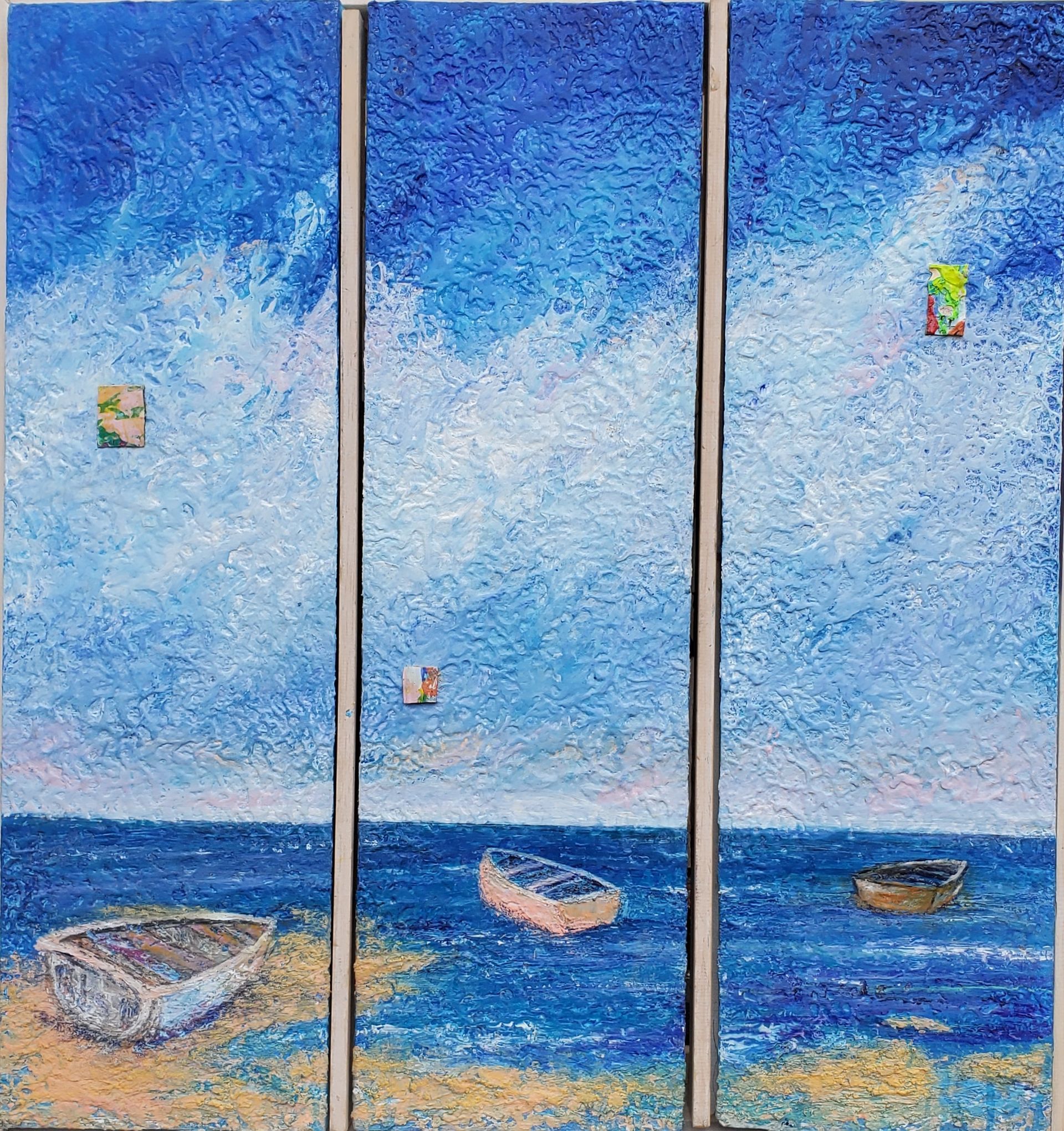 A painting of boats in the ocean with a kite flying in the sky