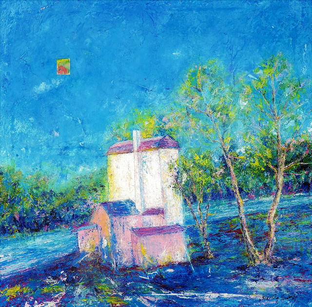 A painting of a house and trees with a kite in the sky.