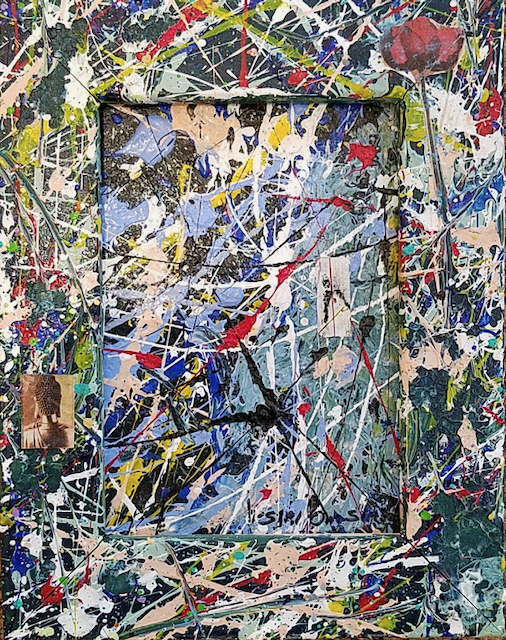 A colorful painting with a clock in the middle of it.