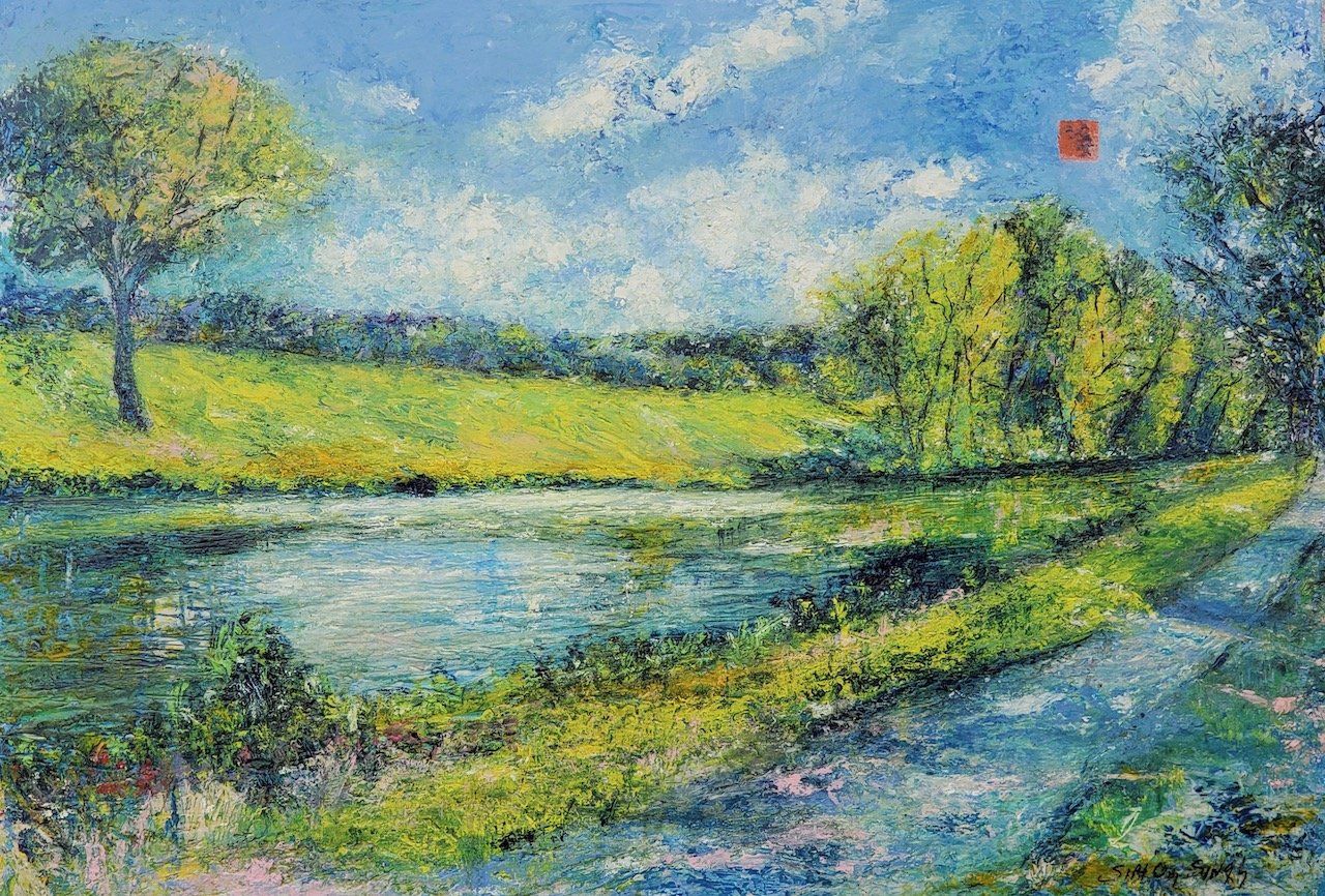 A painting of a river surrounded by trees and grass.