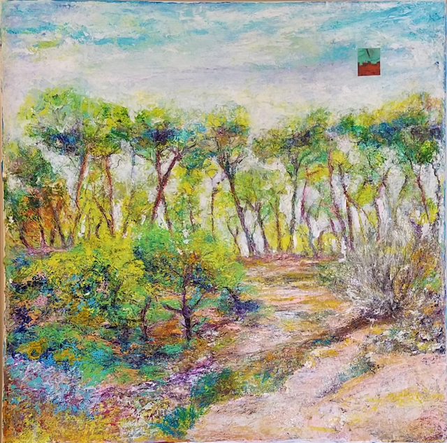 A painting of a path through a forest with trees and flowers.