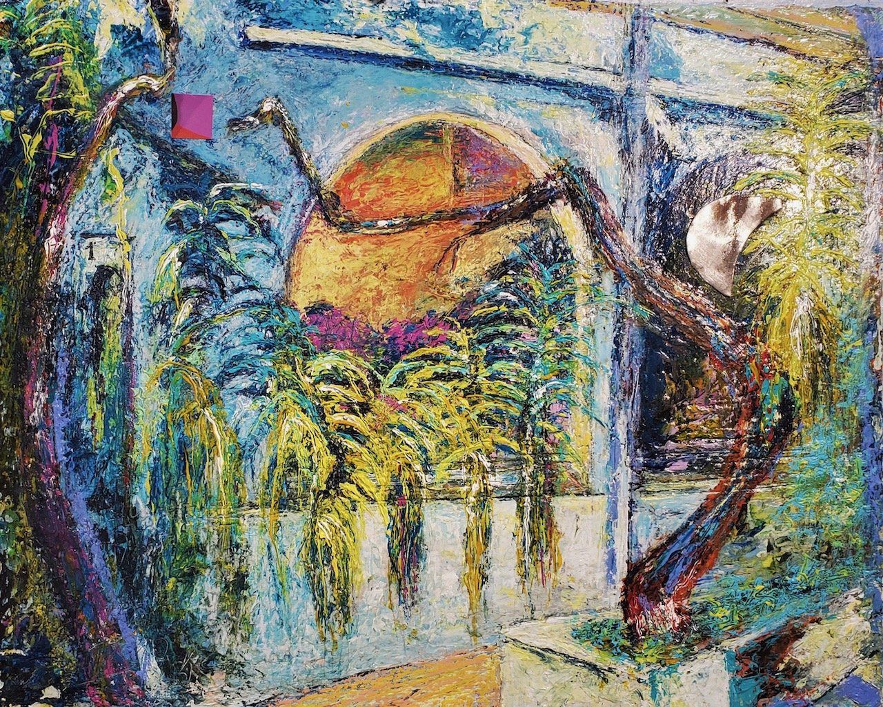 A colorful painting of a person standing in front of a window