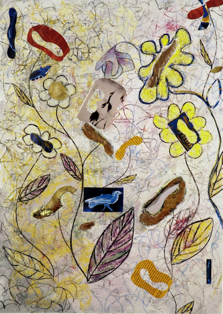 A painting of flowers and leaves on a white background