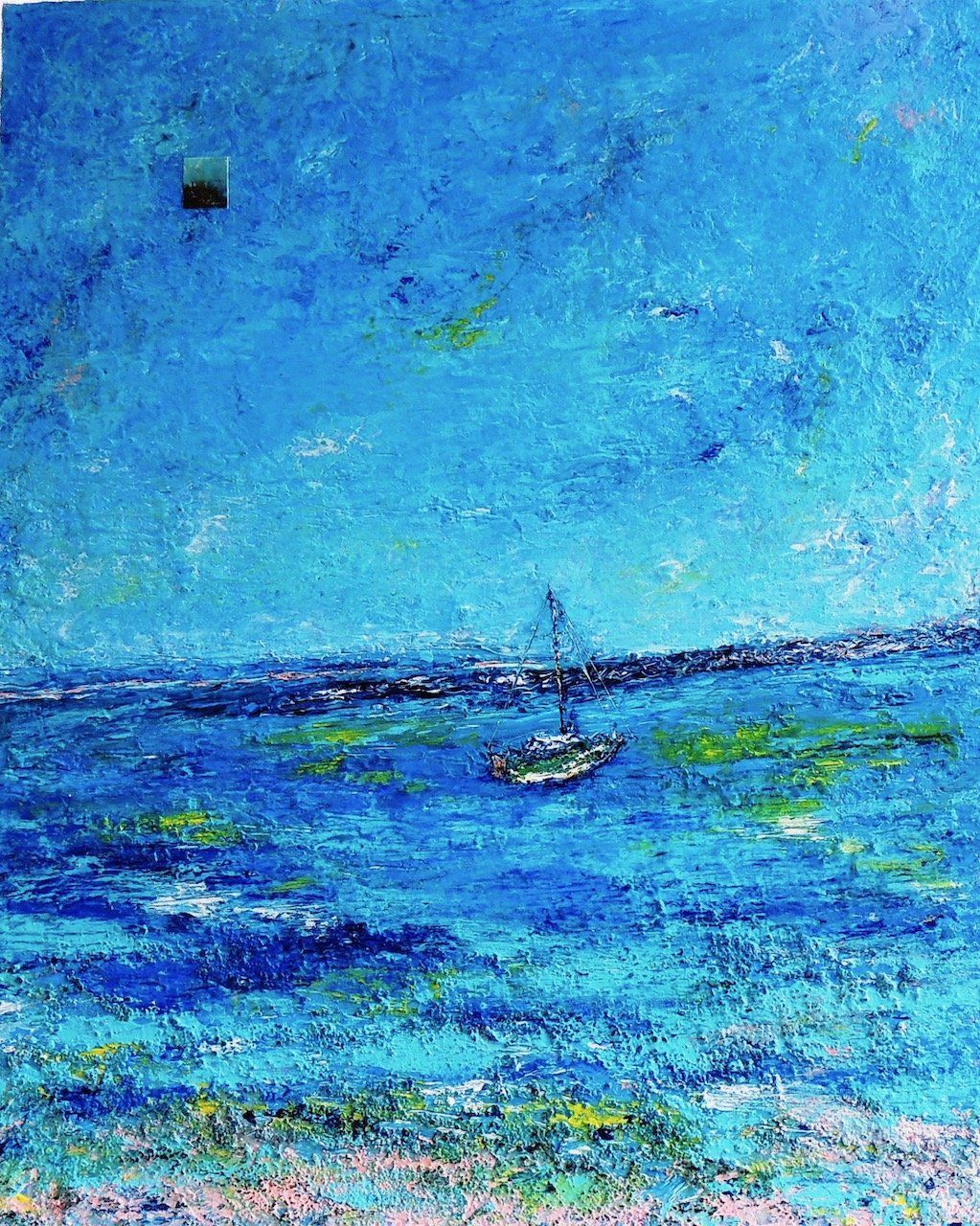 A painting of a boat in the ocean with a blue sky