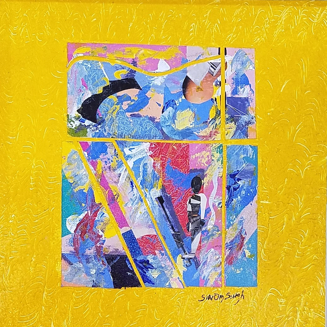 A painting by sachin singh is on a yellow background