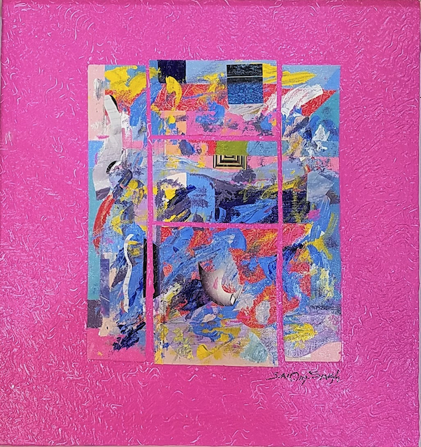 A colorful painting on a pink background with a signature