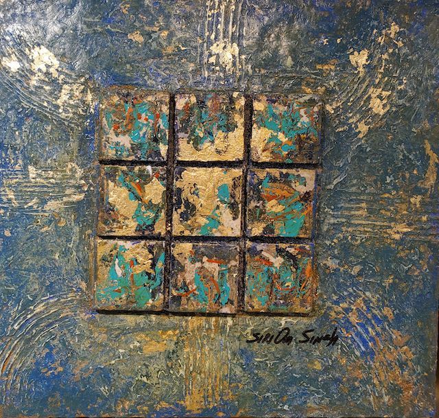 A blue and gold painting by sarah smith