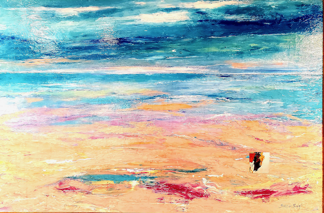 A painting of a beach with a blue sky in the background.