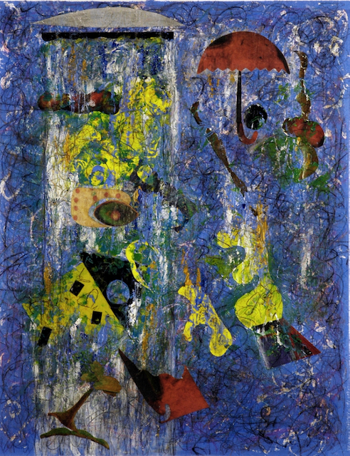 A blue painting with a red umbrella and yellow flowers