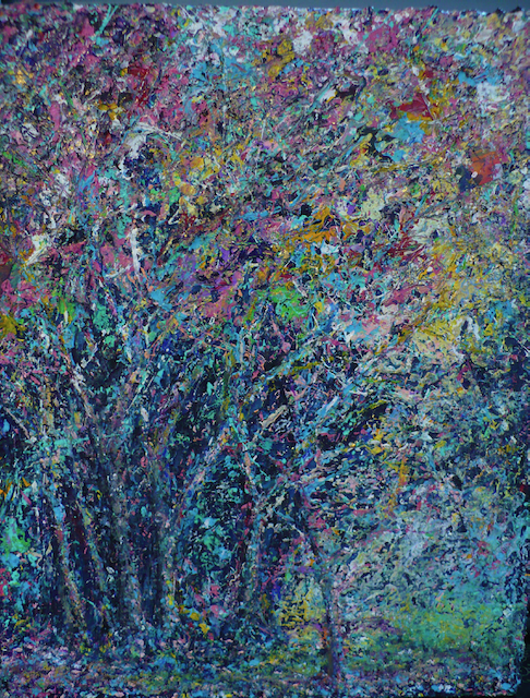 A colorful painting of a forest with trees and leaves