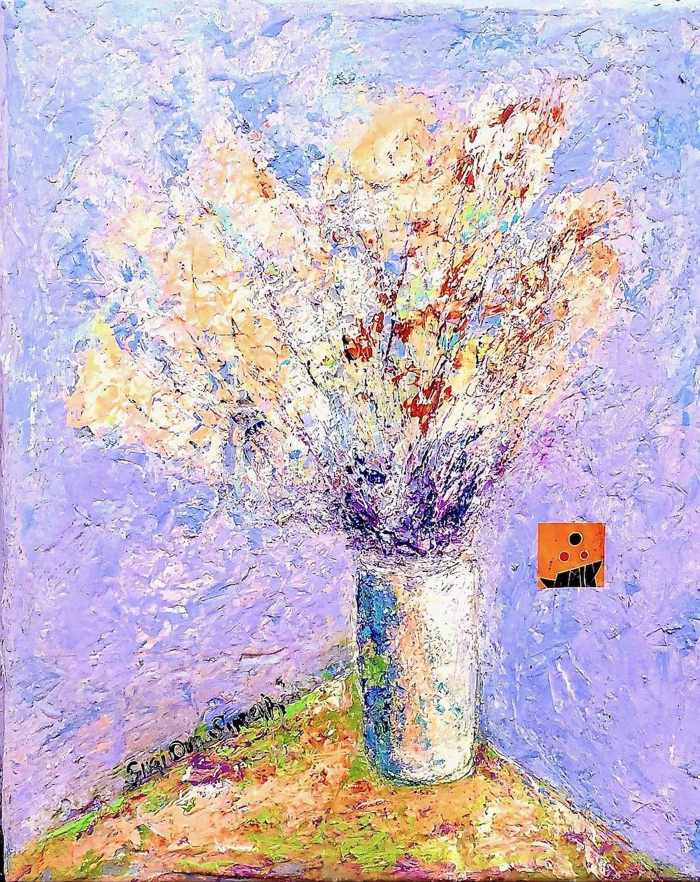 A painting of flowers in a vase on a hill