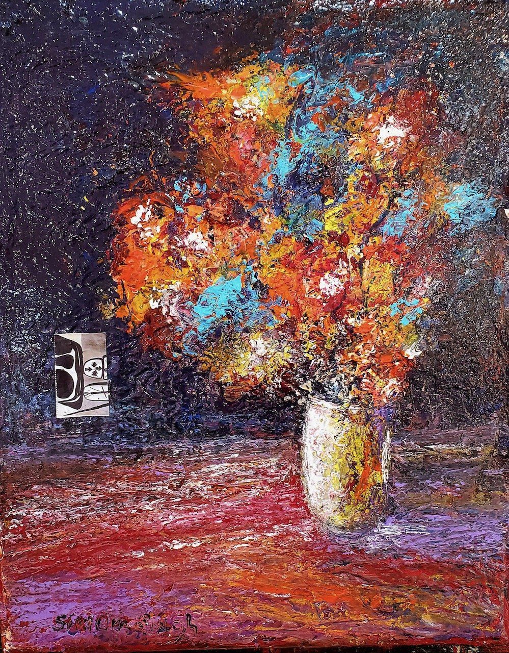 A painting of flowers in a vase on a table
