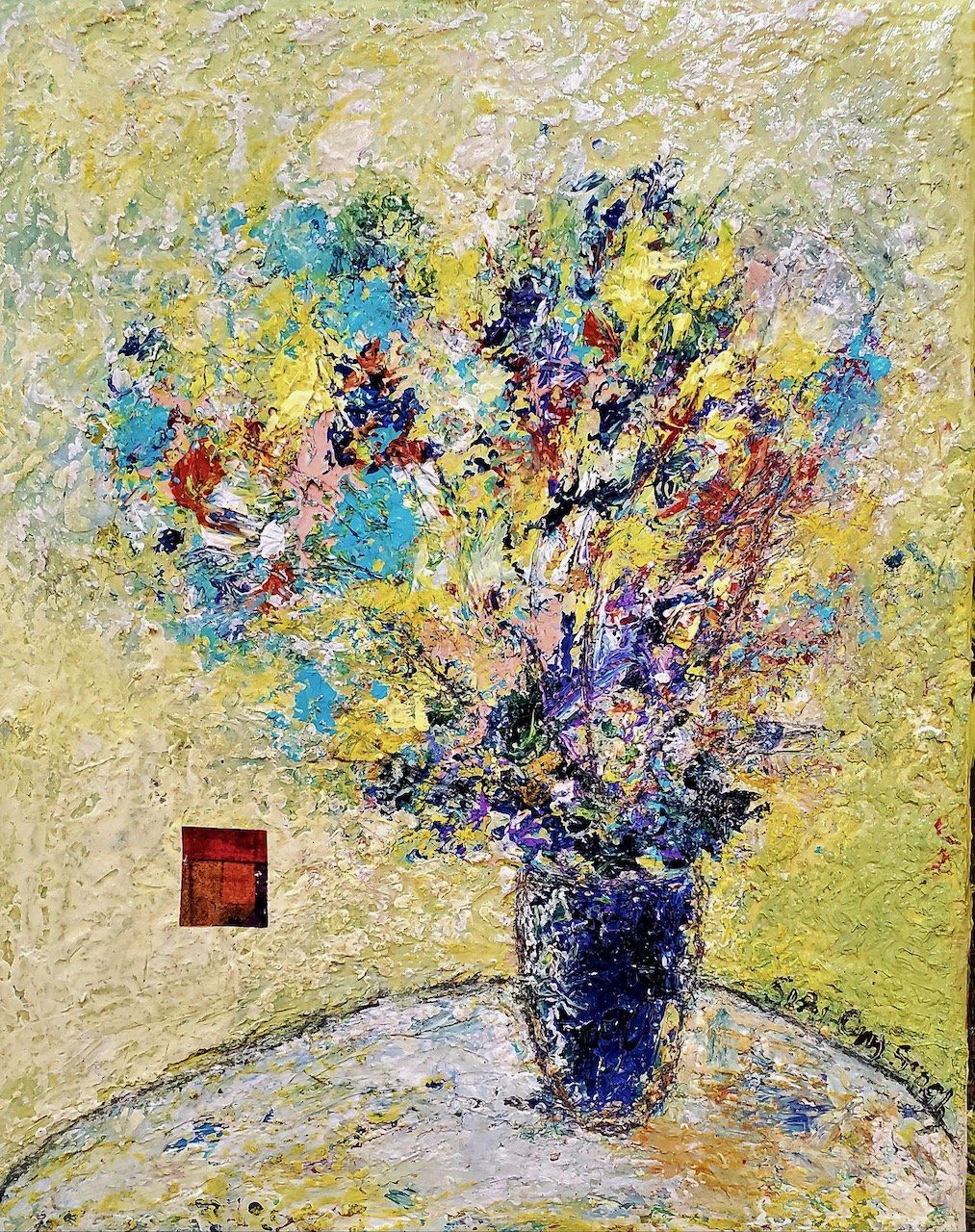 A painting of flowers in a vase on a table.
