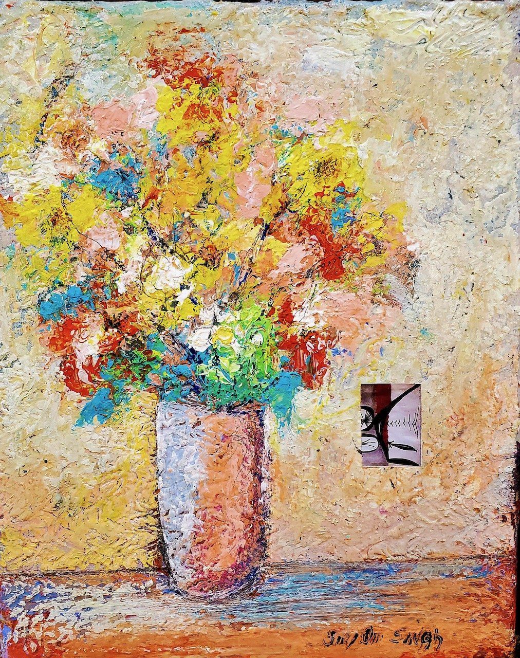 A painting of flowers in a vase on a table