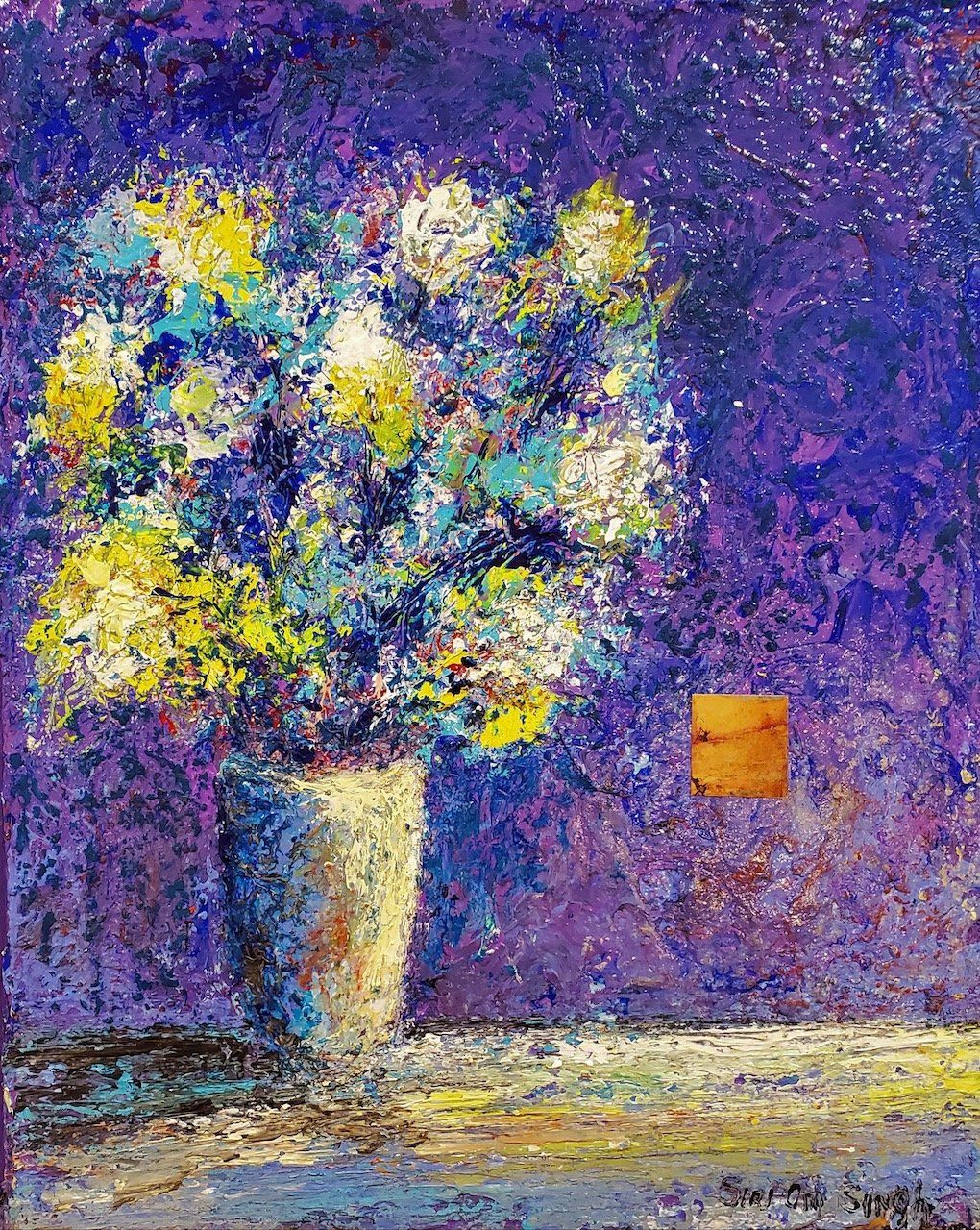 A painting of flowers in a vase on a table with a purple background.